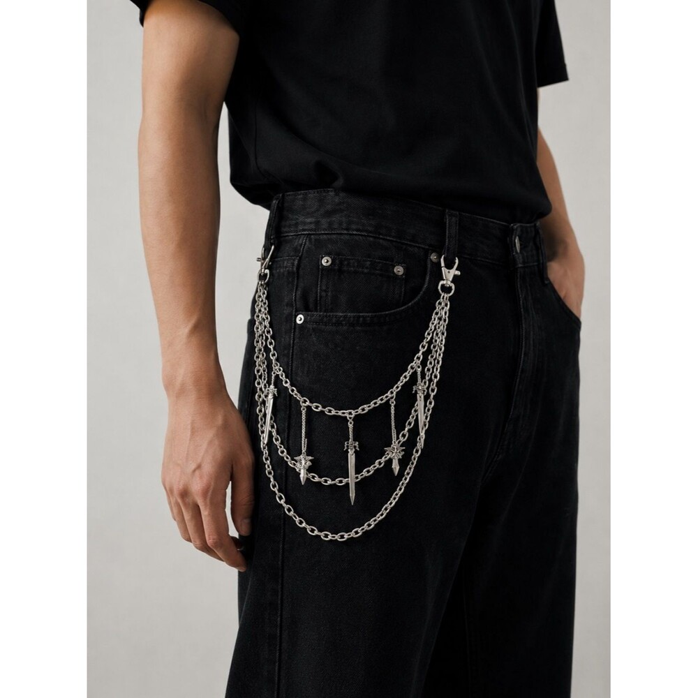 Y2K Layered Pants Jean Chain Star Dagger Goth Punk Grunge Premium Stainls Steel